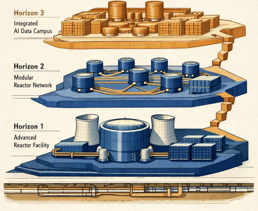 Editorial illustration for The Three Horizons Framework for Nuclear-AI Integration