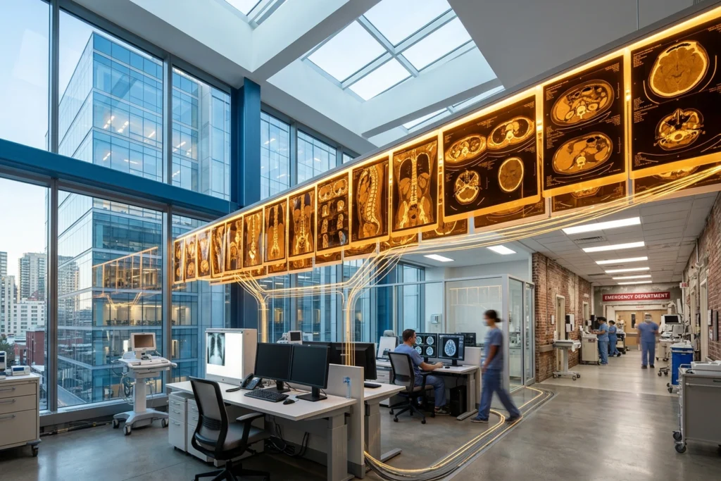 Modern hospital radiology suite connecting research and urban emergency facilities with illuminated CT imaging displays