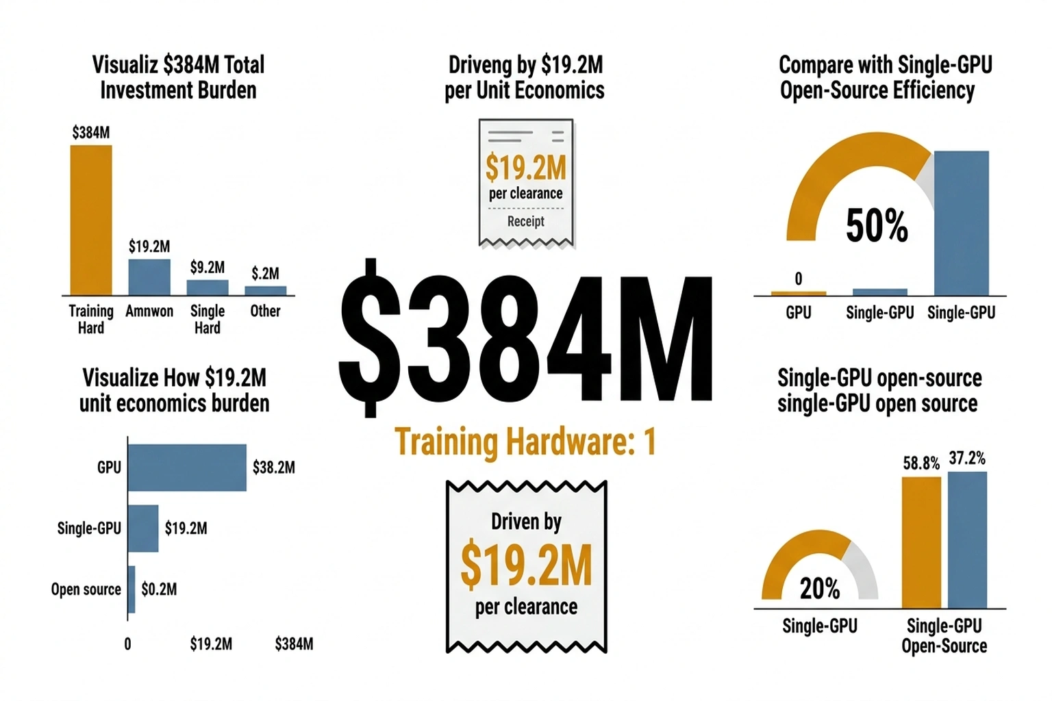 Balance scale infographic contrasting $384M gold bars against single GPU, showing $19.2M unit costs