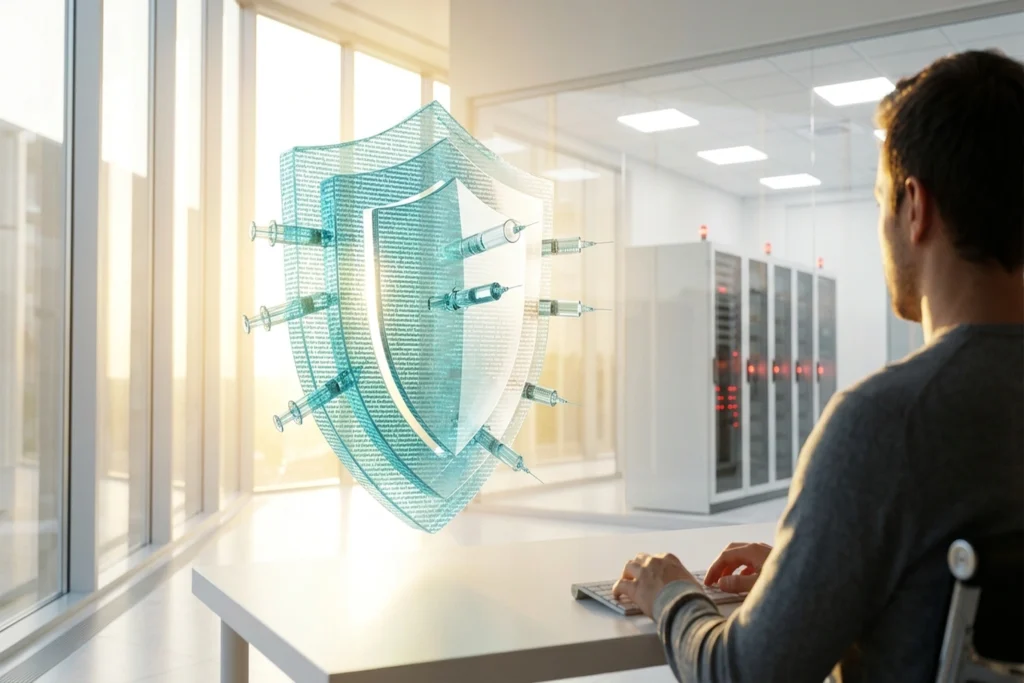 A five-tiered crystalline shield made of woven Python code with text-syringes embedded at staggered depths for Preventing ...