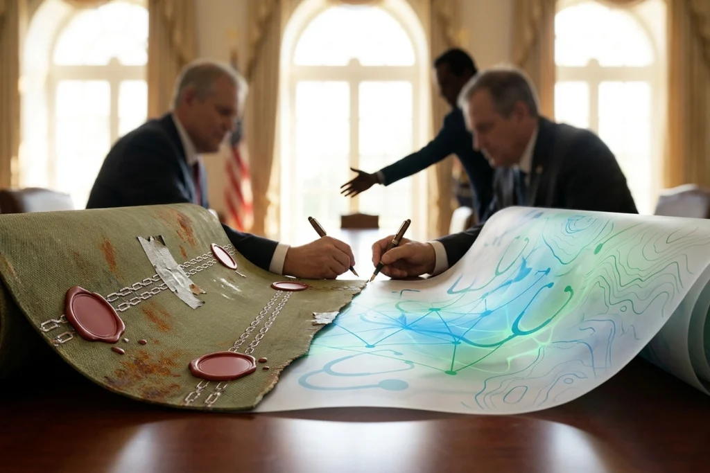 a split-nature diplomatic MOU scroll that is simultaneously a classified military contract and an open health deployment m...