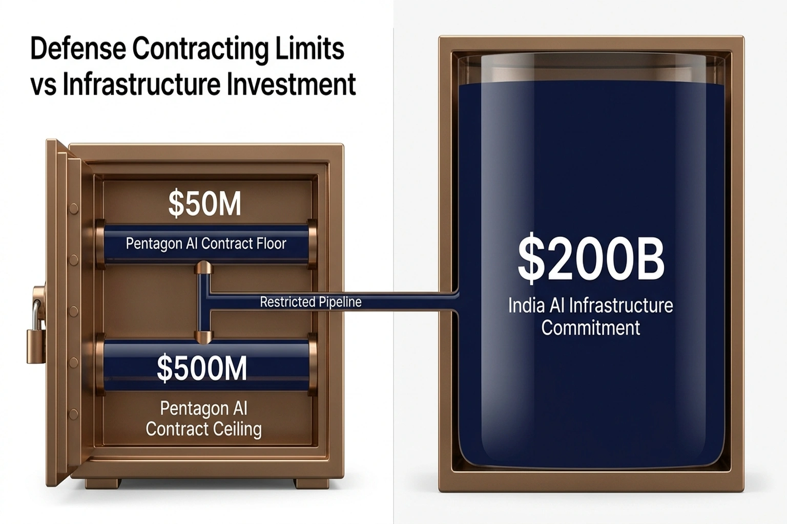 Comparative bar chart showing India's $200B AI infrastructure commitment dwarfing Pentagon contract values of $50-500M