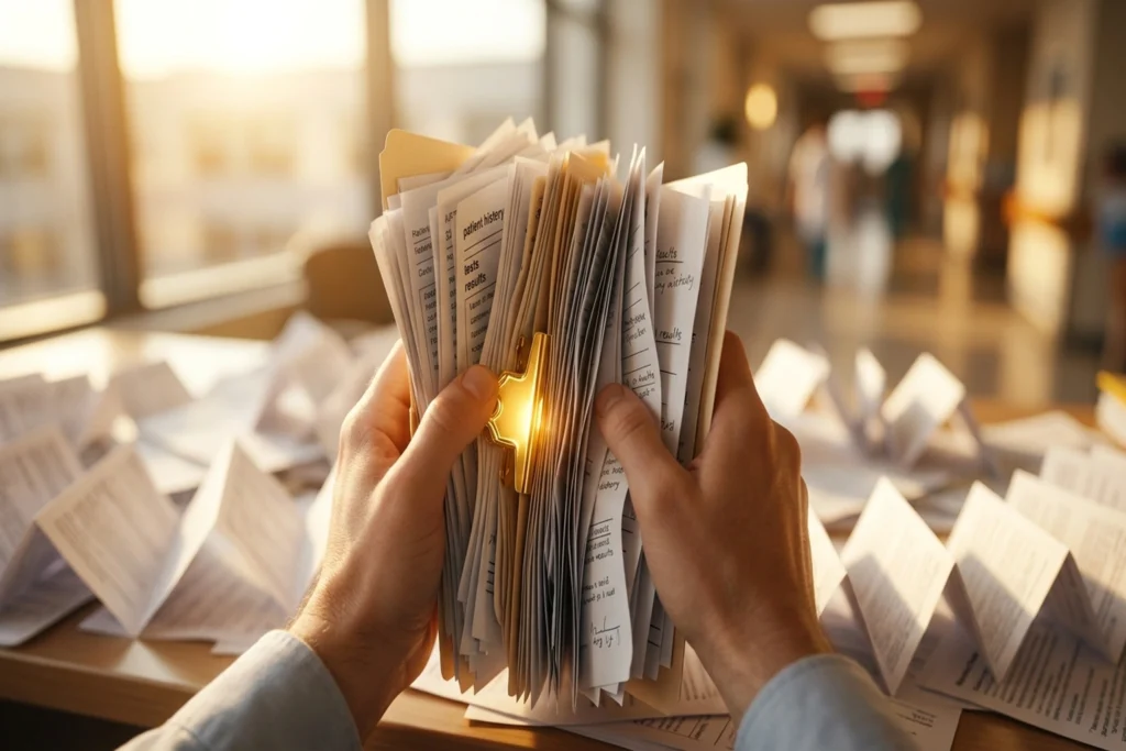 accordion-fold diagnostic file with 57% illuminated clasp for AI in Healthcare Diagnosis: How DeepRare Hit 57% evoking irony