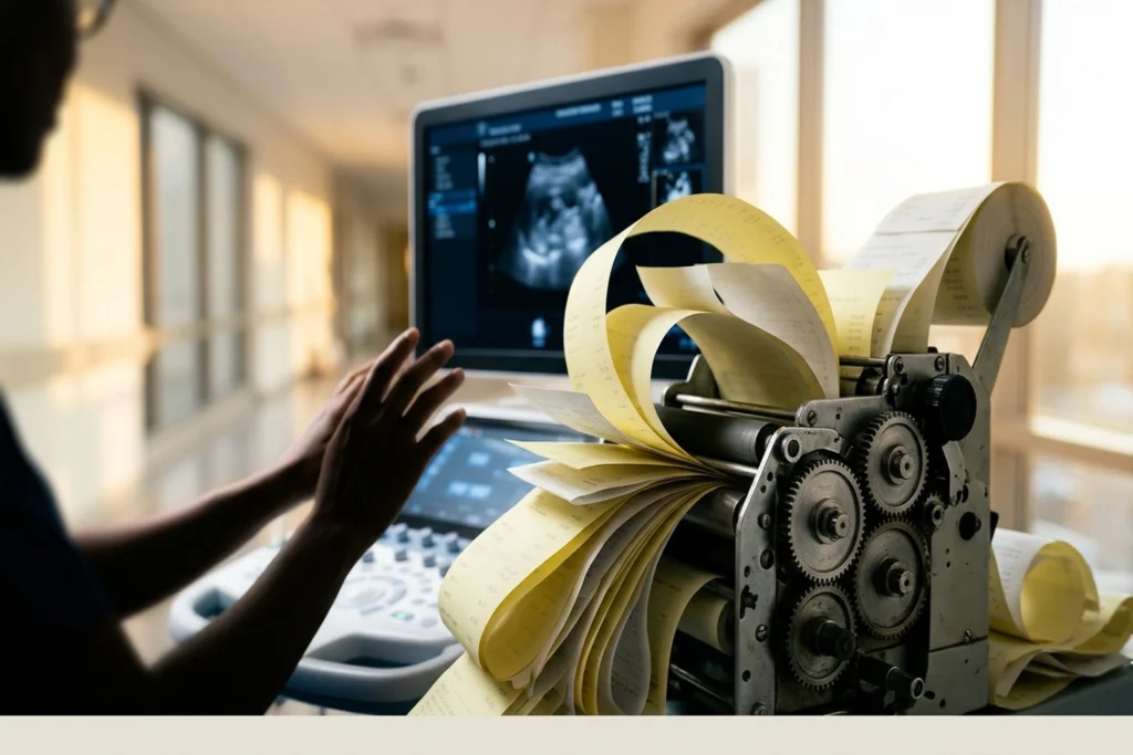 A medical scanner with a mechanical receipt printer fused to its side for FDA AI Medical Device PCCP Guidance, Explained e...