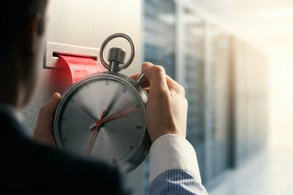 High-velocity bank vault stopwatch for SLMs Are Winning the Banking Fraud War evoking tension