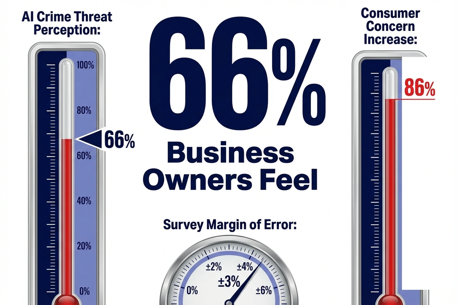 Comparative data visualization showing business fraud exposure statistics with dual vertical barometers and precision dial.