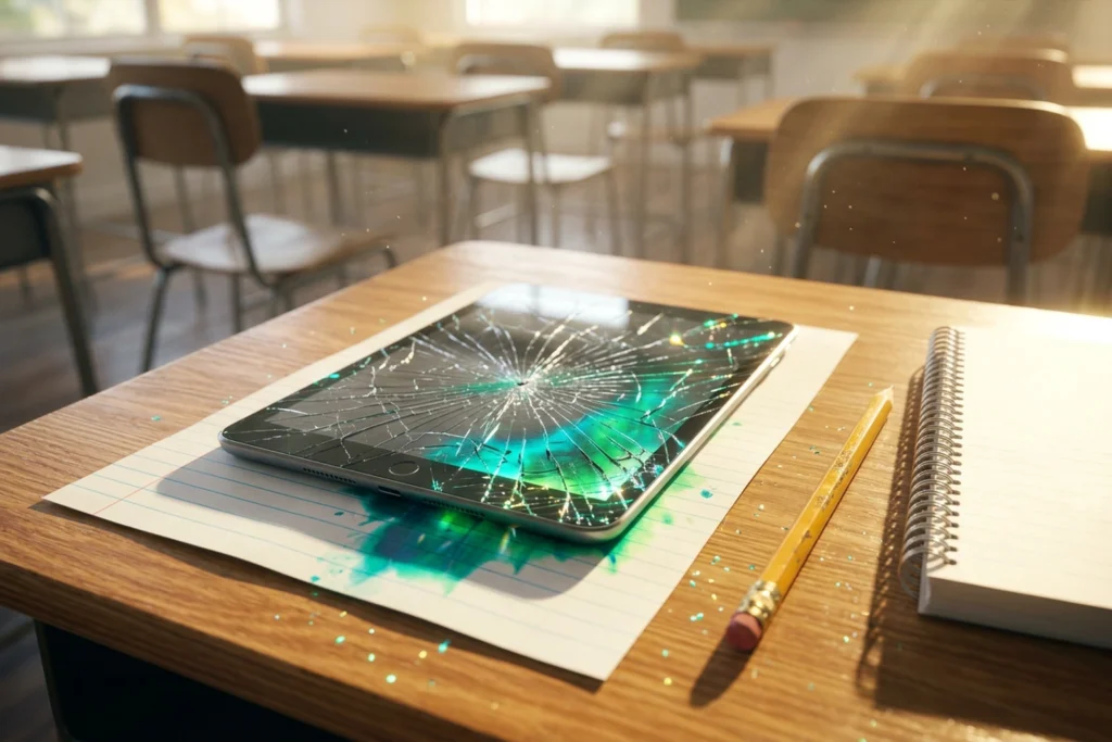 Elementary school desk with cracked tablet screen leaking teal light onto blank paper in bright afternoon sun
