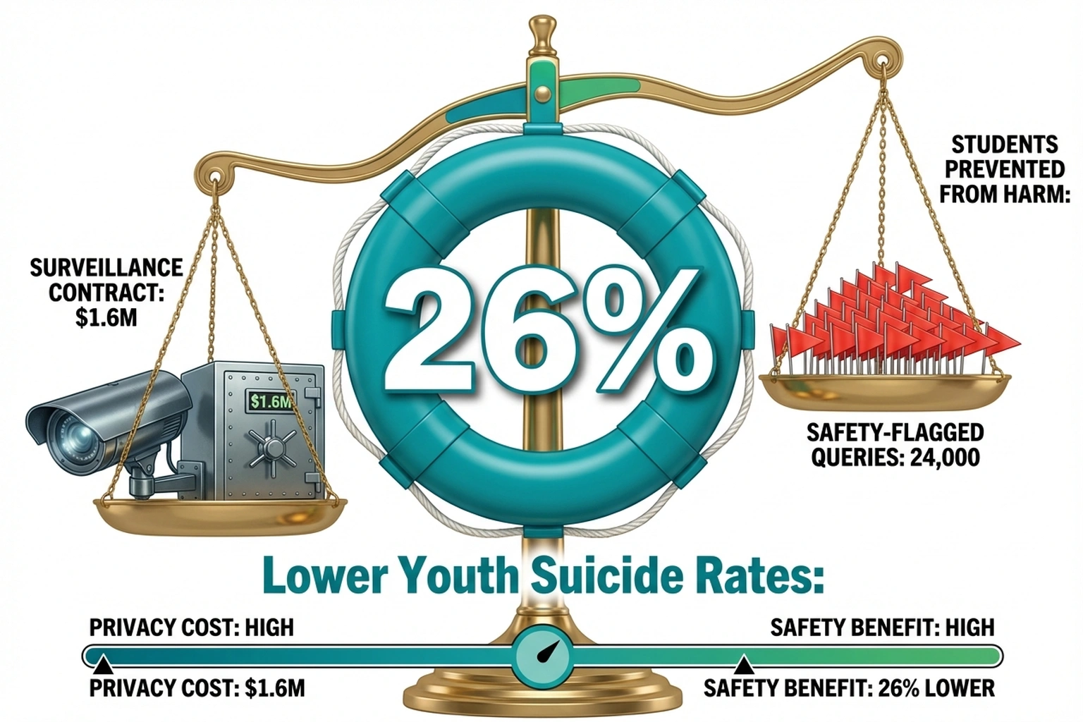 Balance scale infographic comparing $1.6M surveillance cost against 26% lower suicide rates and 18,623 prevented harm incidents