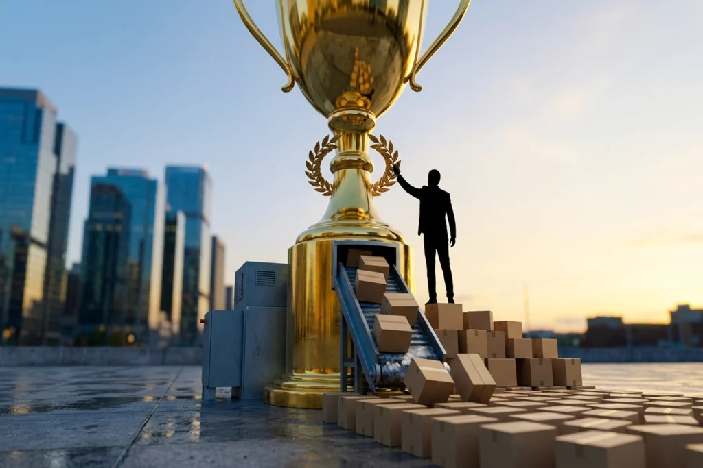 The building-sized 'Record Revenue' trophy with an integrated severance package dispenser built into its base for AI Layof...
