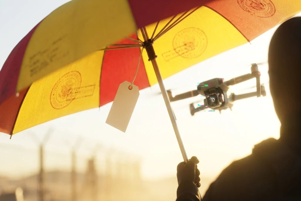 classified-stamp adversarial umbrella for A $20 Umbrella Exposes Autonomous Drone Security Vulnerabilities evoking irony