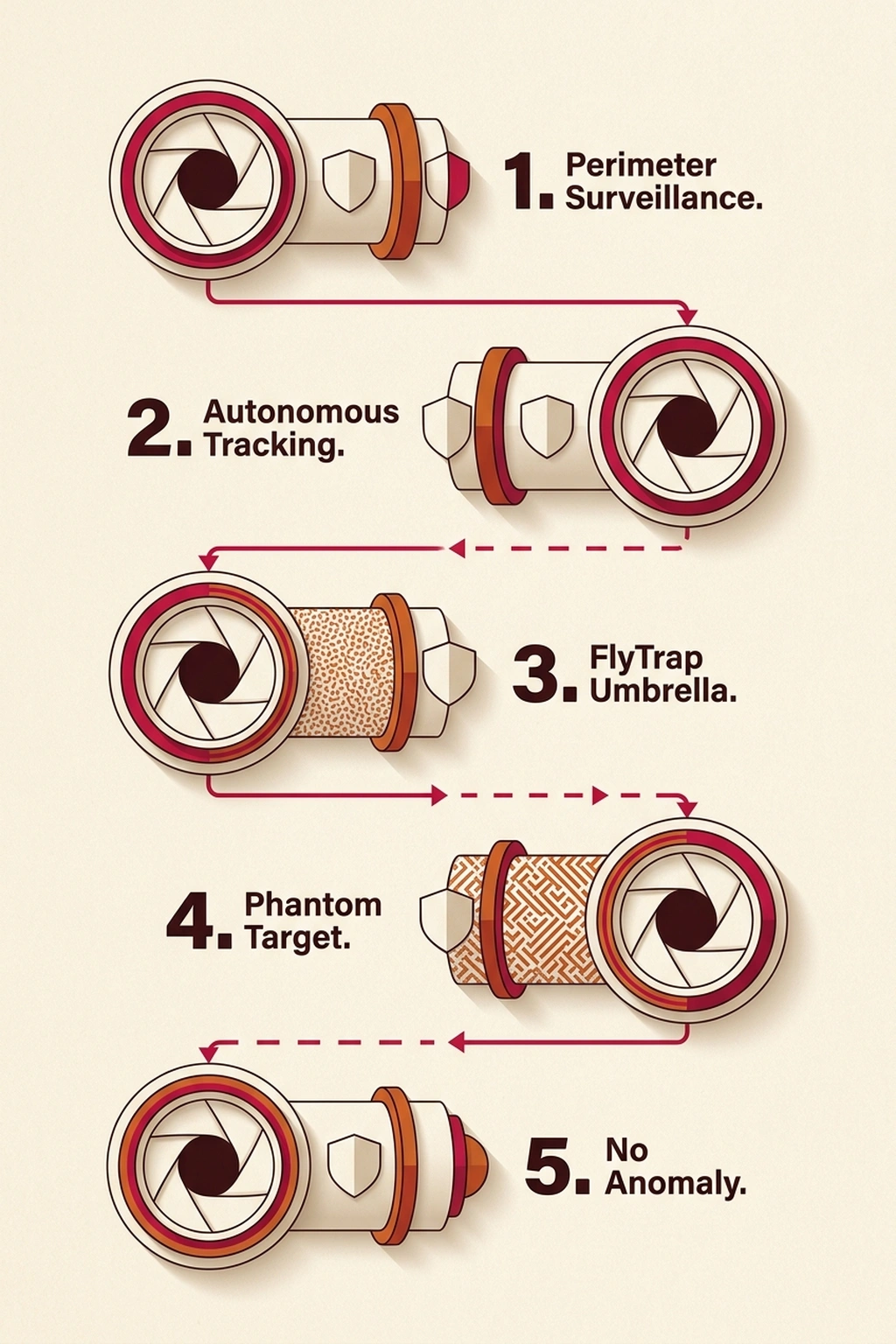 Operational flowchart showing five stages of border patrol drone tracking failure via adversarial umbrella interference, with security-themed pipeline nodes and crimson accents