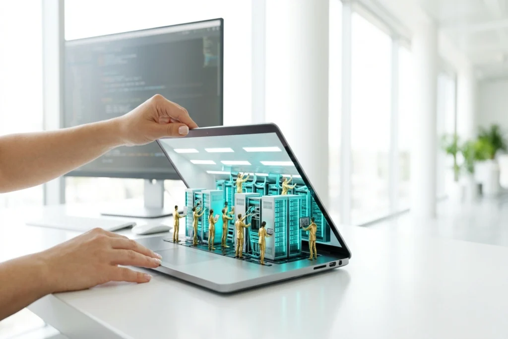 A laptop containing a miniature data center for Build Your AI Agent Observability Monitoring Stack evoking surprise