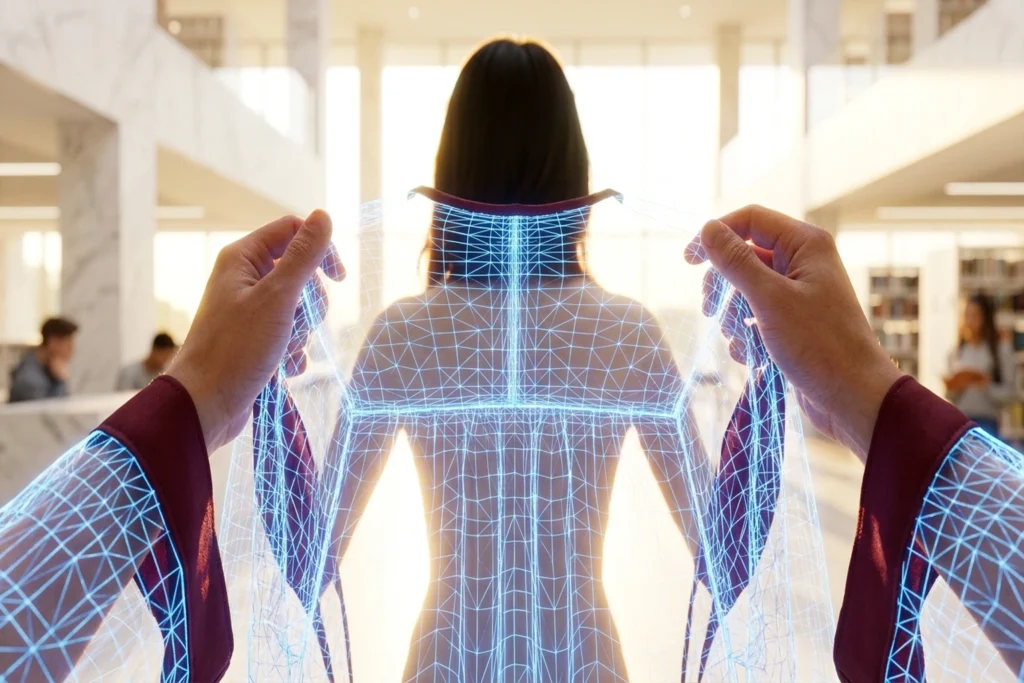 A graduation gown that is 90% translucent digital wireframe and 10% traditional fabric for 90% of Students Use AI—Universi...