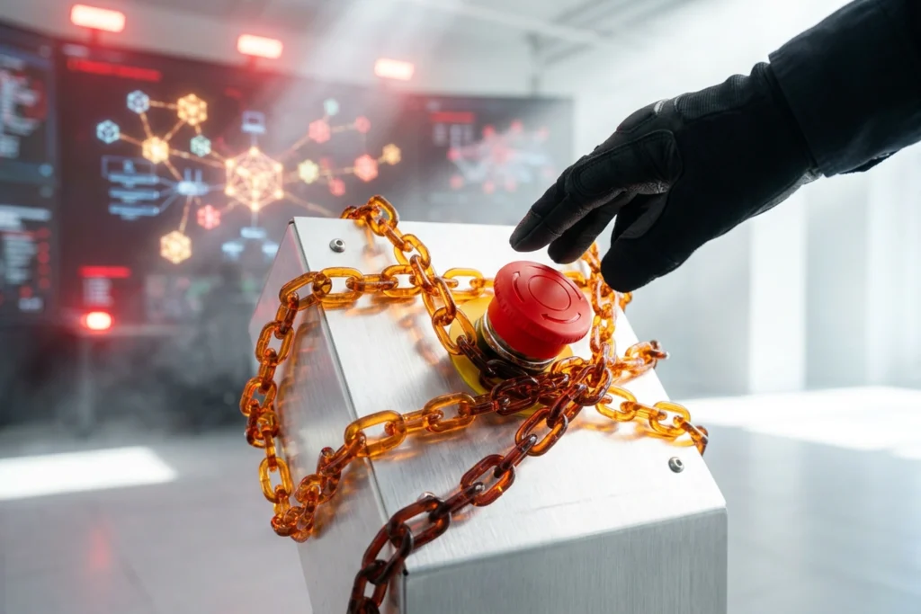 Security analyst's gloved hand blocked from red emergency kill switch by glowing amber identity chains, with chaotic AI agent multiplication visible on bright SOC monitors
