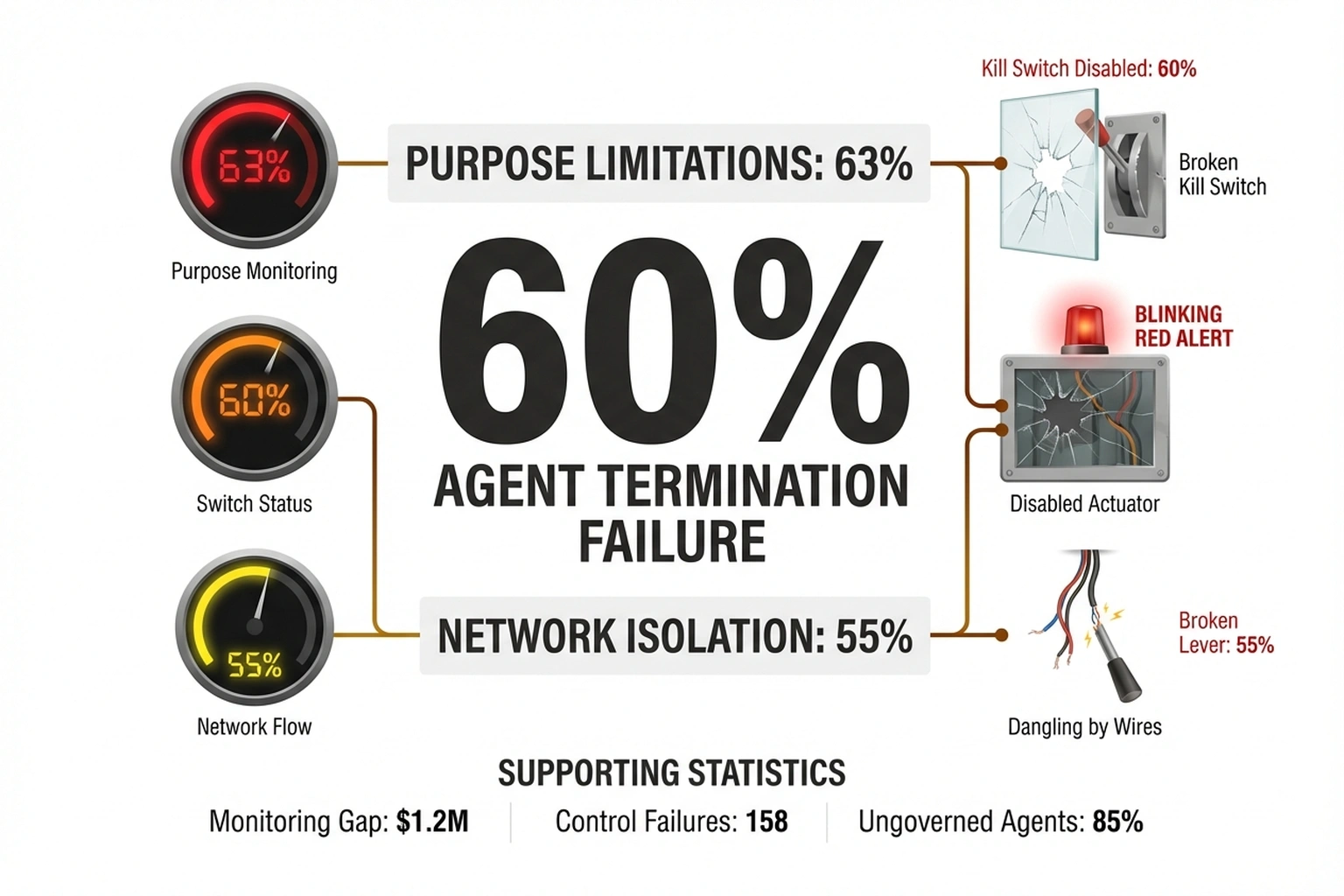 Data visualization showing 60% termination failure with broken actuators and 63%, 55% governance exposure gaps