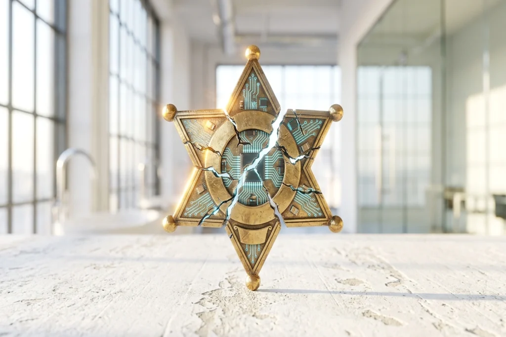 A fractured deputy badge fusing brass authority and circuit infiltration for MCP Server Auth Patterns You're Getting Wrong...