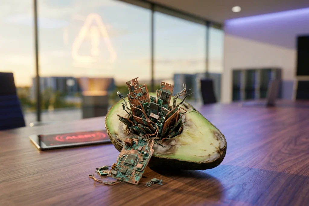 Halved avocado revealing corroded circuit boards on conference table overlooking tech campus with emergency lighting
