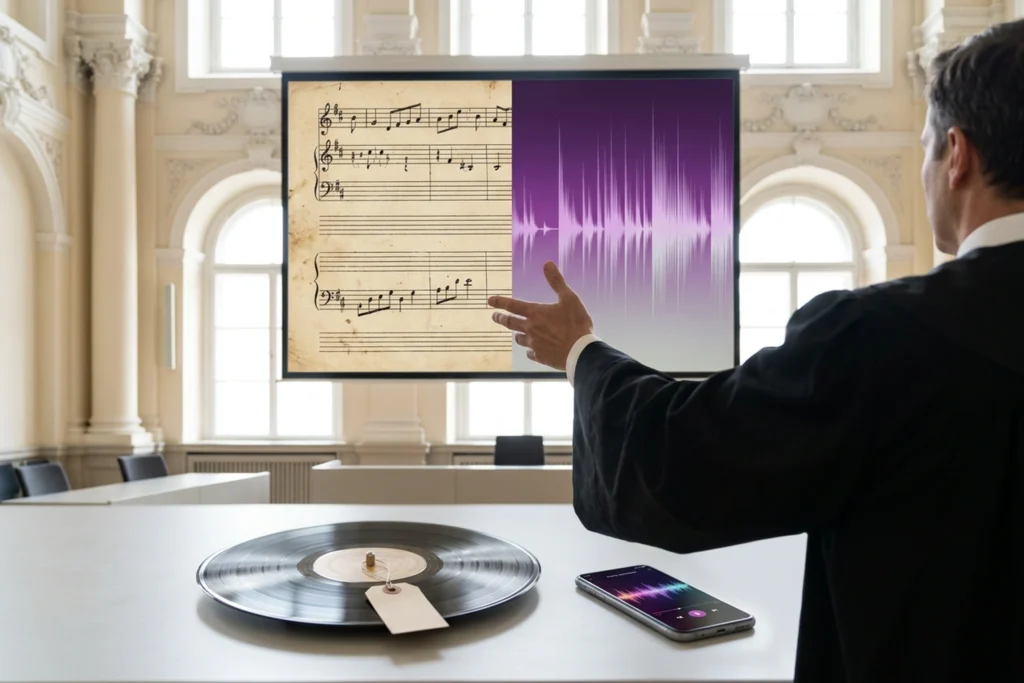 Prosecutor gestures at courtroom screen comparing handwritten music notation to digital audio spectrogram in copyright trial