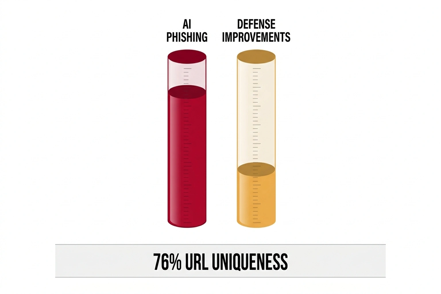 Dual fuel gauge infographic comparing 54% AI phishing effectiveness against 12% traditional attacks versus 60% defense improvement with 76% URL uniqueness