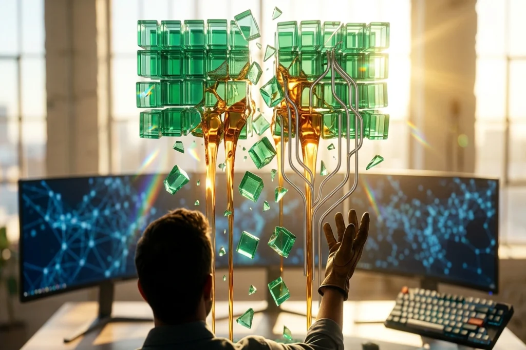 Cracked golden '4%' trophy for Claude Code's 4% GitHub Share Signals a Developer Reckoning evoking irony