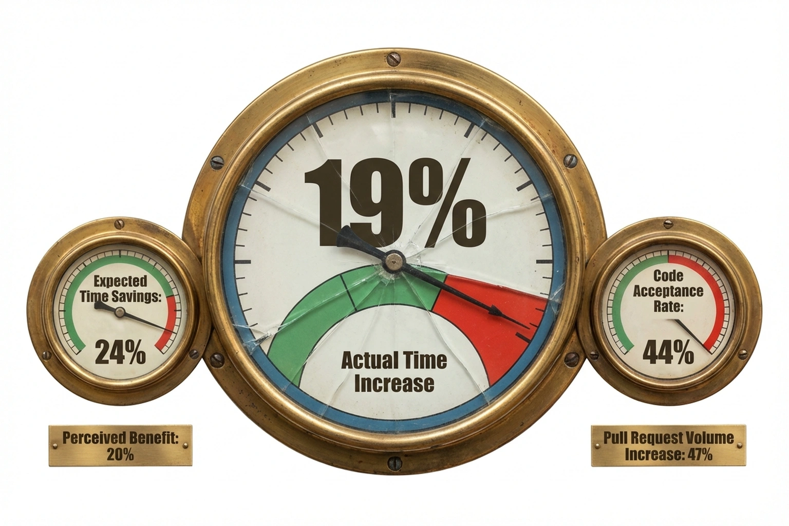 Vintage brass dashboard with three cracked gauges showing contradictory productivity metrics: 19% actual time increase versus 24% expected savings and 44% code acceptance rate.