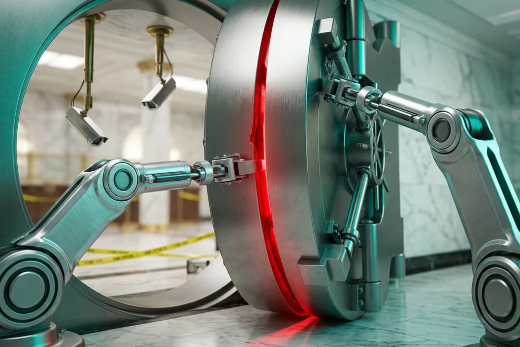 Silver robotic arms prying open a bank vault door with emergency red light bleeding through, disconnected security cameras and crime scene tape in background.