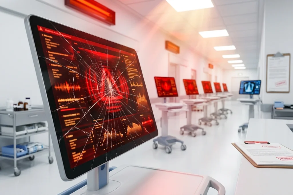 Hospital corridor with nine mobile AI diagnostic workstations showing red breach alerts and one normal unit, viewed from low angle during emergency lighting