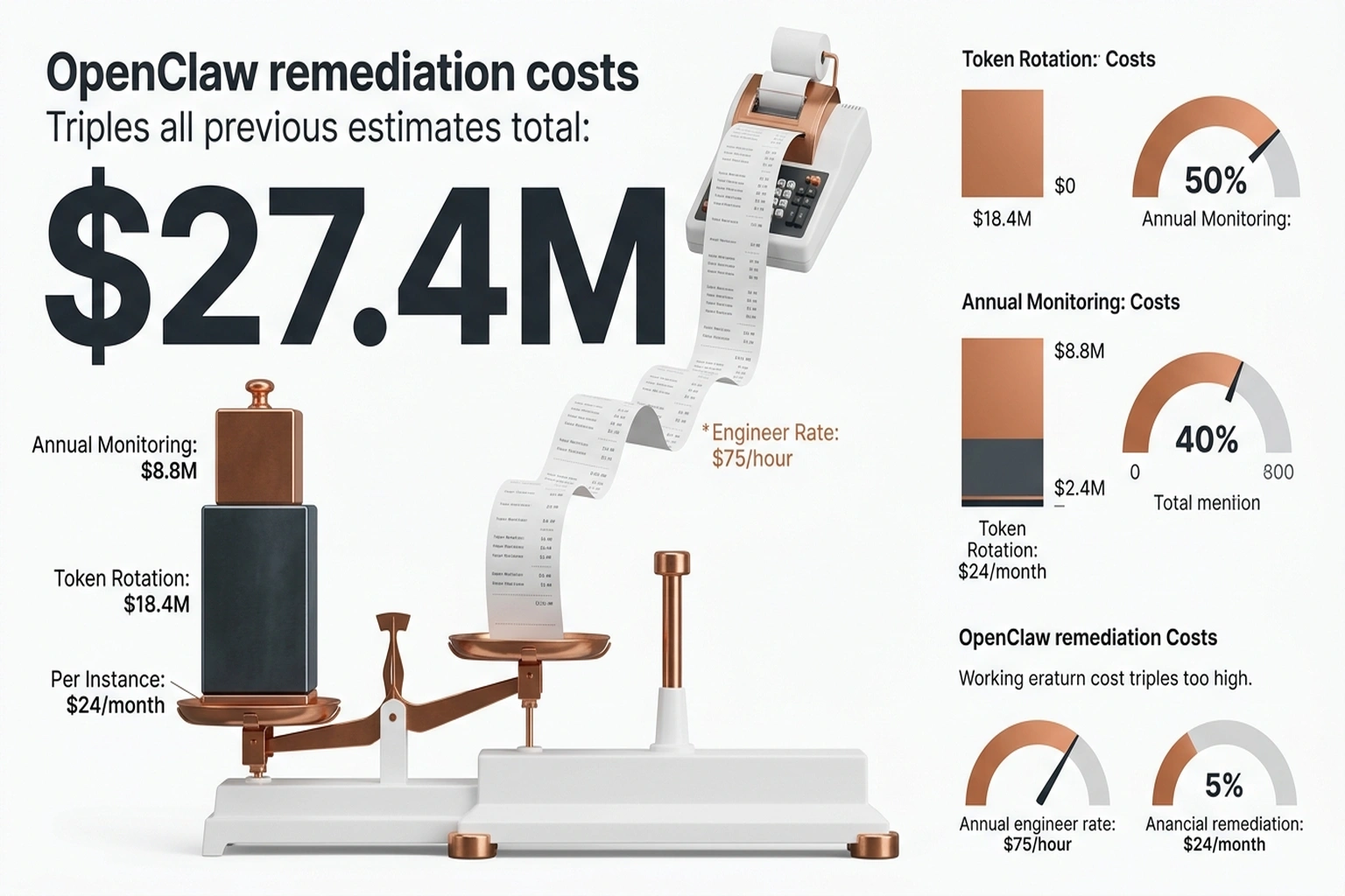 Balance scale infographic showing $27.4M total OpenClaw remediation cost breakdown across token rotation and monitoring