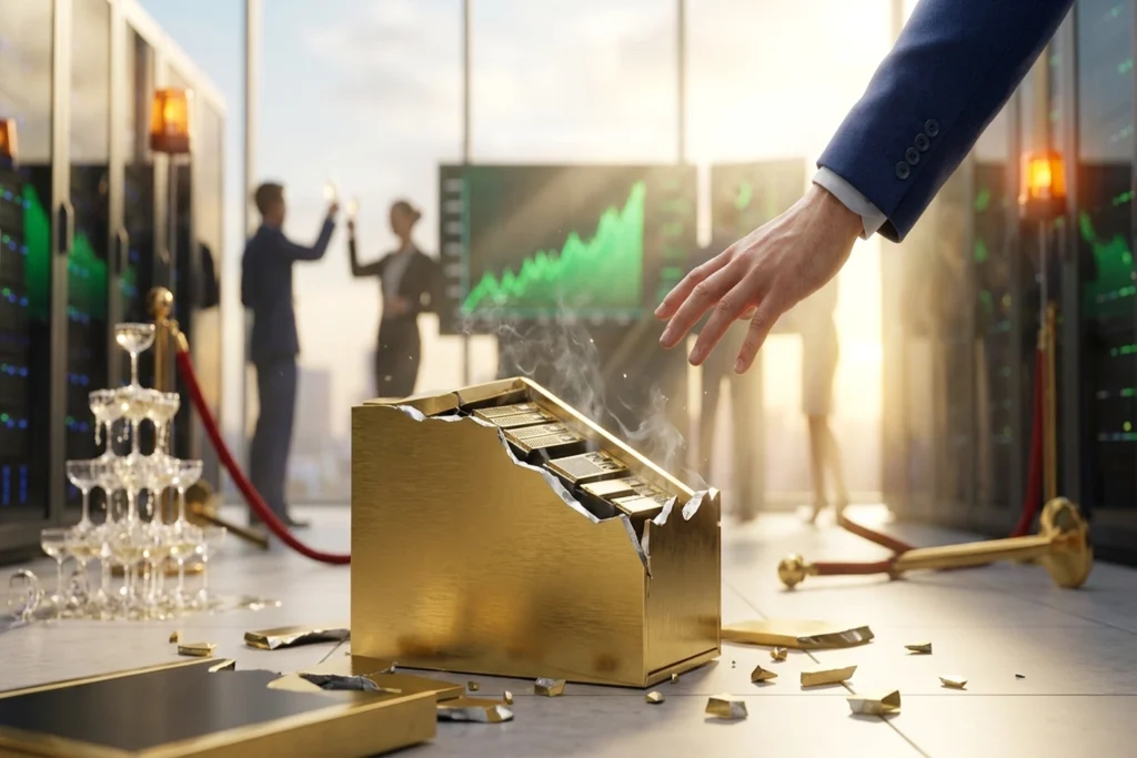 Executive hand reaching toward shattered golden server fragment in destroyed luxury data center with celebrating figures in background