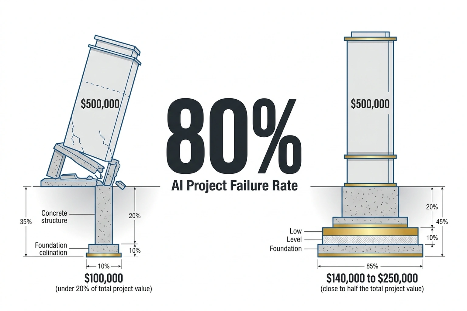Architectural diagram comparing AI project foundations showing 80% failure rate and budget allocation differences between successful and failed initiatives.