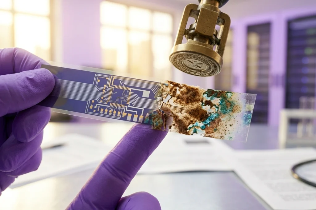 Researcher's hand holding decaying film strip showing silicon circuitry turning to fungal rot in bright lab