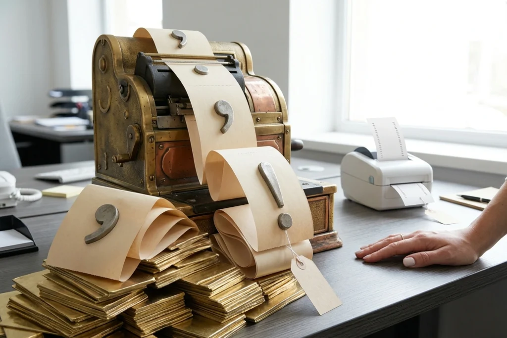 Antique brass receipt printer spewing bulky accordion paper tape beside sleek modern printer on corporate desk, low angle view