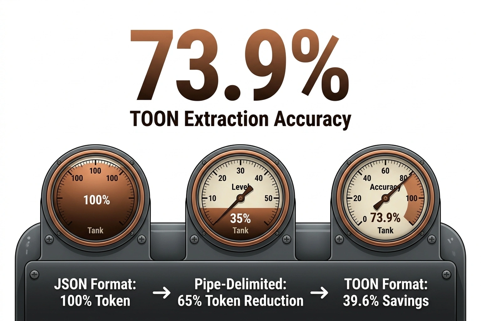 Three vintage fuel gauges comparing JSON, Pipe-delimited, and TOON formats showing 73.9% accuracy and 39.6% token savings.