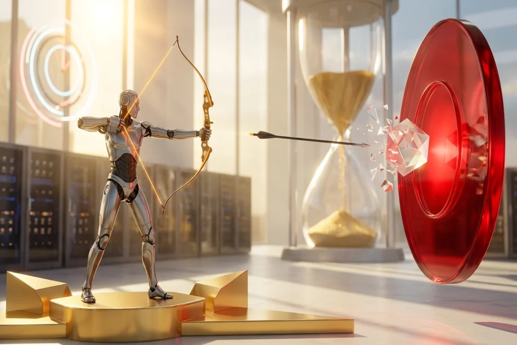 Mechanical archer robot atop gold podium aiming fiber-optic bow at crimson critical target with hourglass and digital timer in background