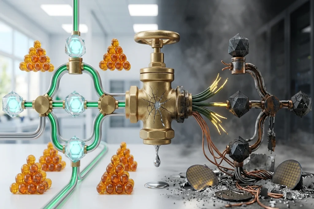 Macro shot of hand adjusting brass mechanical graph node with scattered coins, split scene showing pristine technology versus chaotic broken badges