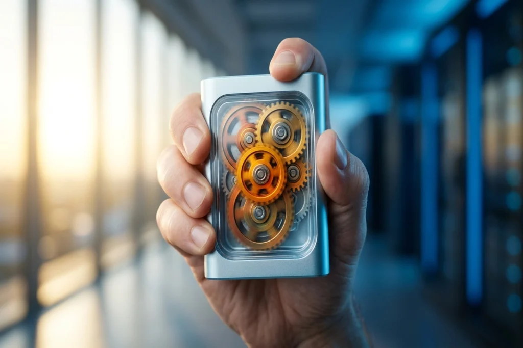 A compact reasoning module with a 5:1 internal gear ratio (single exterior, quintuple interior) for AI Reasoning Costs Hit...