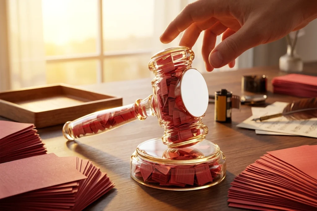 a transparent gavel overflowing with red public responses but with a featureless blank striking face for UK AI Copyright U...