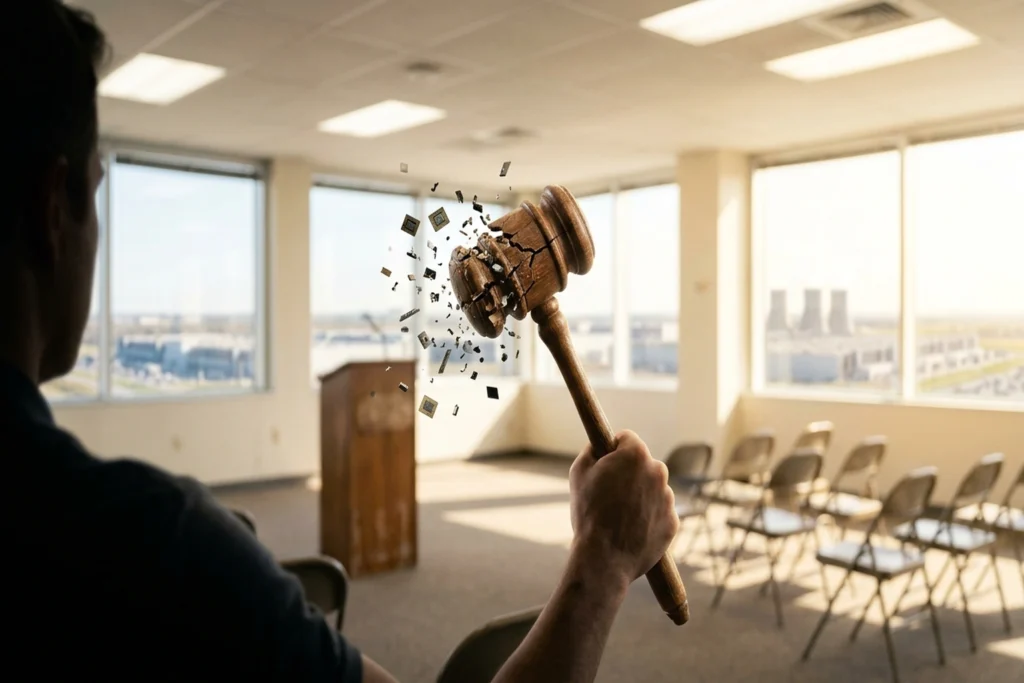 a zoning gavel with GPU chips bursting from its cracked wooden head for Data Center Opposition Stalls $98B in AI Capacity ...
