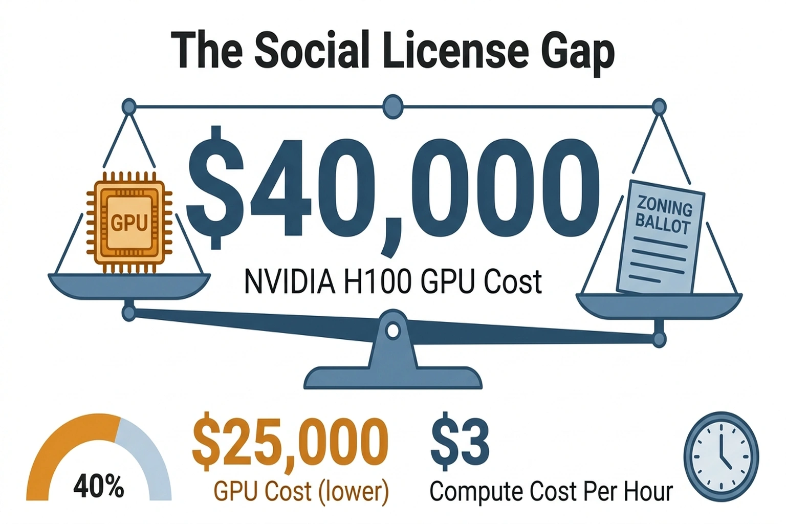 Balance scale infographic showing zoning ballot outweighing GPU costs in the Social License Gap