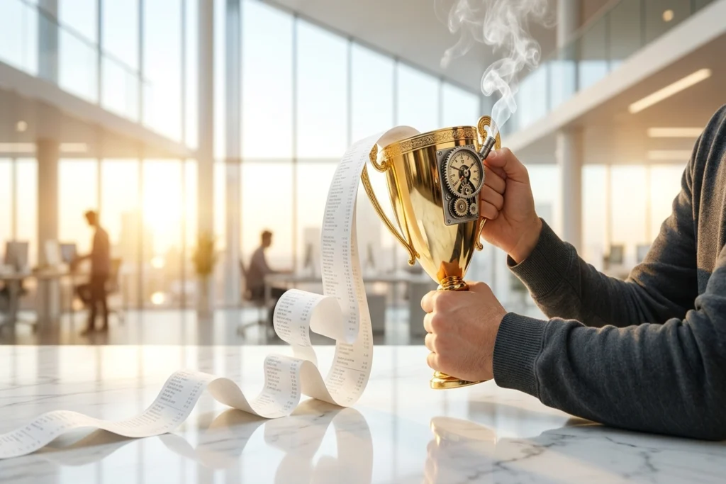 Terminal-Bench 2.0 trophy with mechanical token-burn fuel gauge attached for Opus 4.6 Leads One Coding Benchmark, Burns 33...