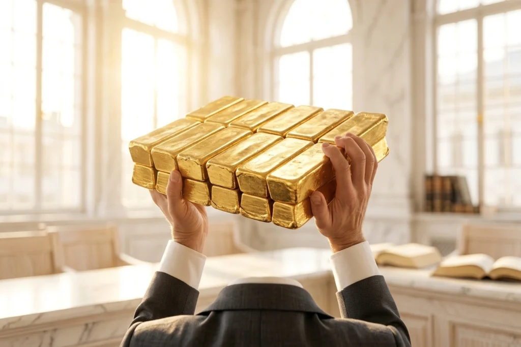 A dictionary page made of 15 fused gold bars for Plagiarizing 'Plagiarize': The $15,000-Per-Article AI Copyright Suit evok...