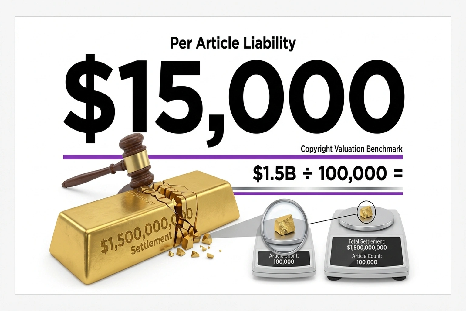 Data visualization calculating $15,000 per-article liability from $1.5 billion settlement divided across 100,000 articles
