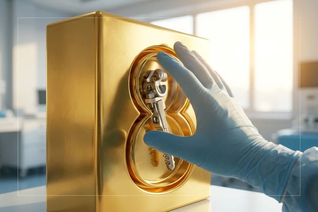 Patient-specific implant encased in a solid gold number-8 block for Stryker Hack: Zero Devices Hit, Surgeries Canceled for...