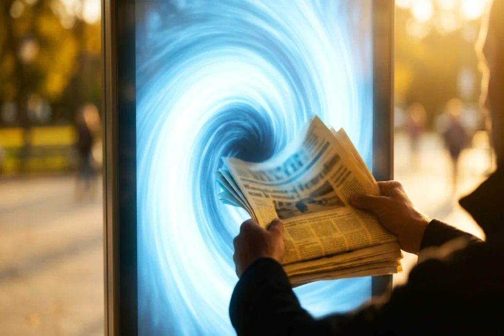 The 'FREE AI MODE' kiosk with visible internal shredder mechanism for Google's AI Mode Goes Free—Publishers Lose 60% of Tr...