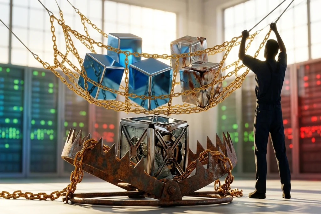 Currency-woven safety net with integrated bear traps for 40% of AI Agent Projects Die From Their Own Safety Net, Trapping ...