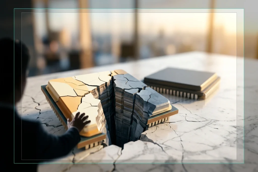 A miniature chip with an impossible internal chasm representing the 33-point capability drop for GPT-5.4 Mini vs Nano: Sma...