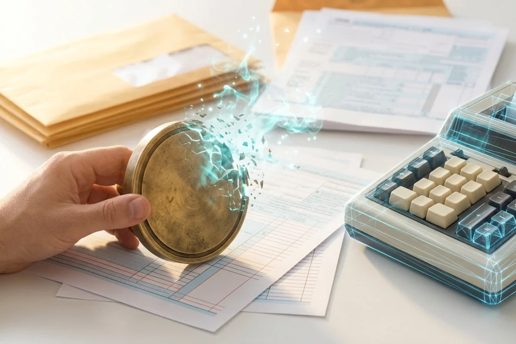 The bisected citation plaque (half-solid bronze, half-dissolving smoke) for AI Accounting Tools Cite Tax Rules They Invent...