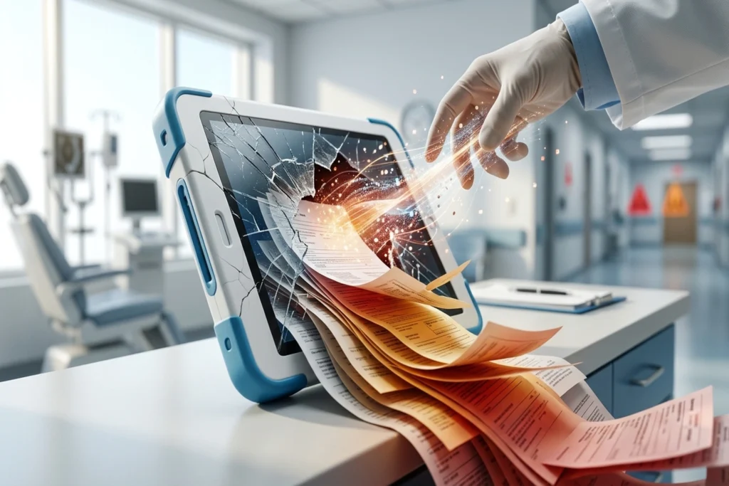A cracked medical scribe device overflowing with uncontrolled clinical output for 41.6M AI Scribe Consultations Hide an Un...