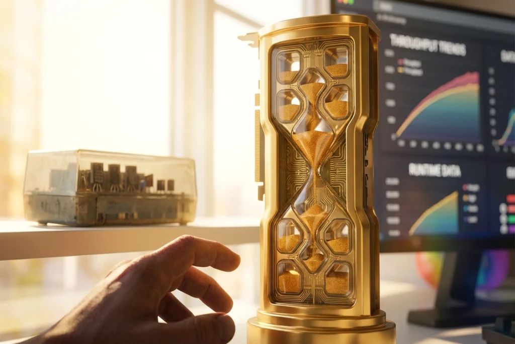 golden GPU trophy containing 27 stacked sand chambers draining through its circuitry for H100 Benchmarks Hide a 27x Cold S...