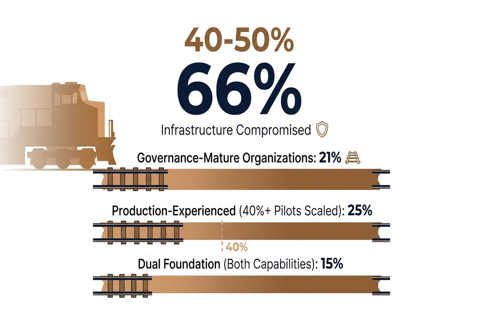 Infographic showing 66% infrastructure compromised with three rail tracks at 21%, 25%, and 15% completion, ghostly locomotive approaching
